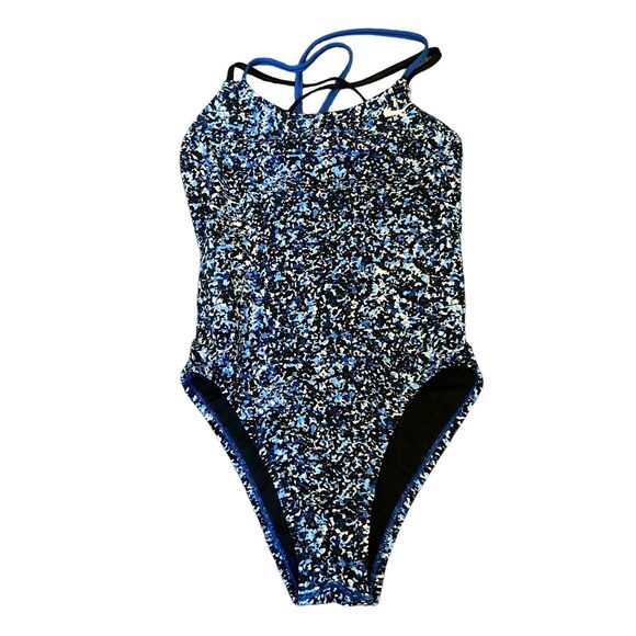 Nike Pixel Party One Piece‎ Swimsuit Cut Out Tank SpiderBack Blue Size 28 US 2 - Picture 1 of 16